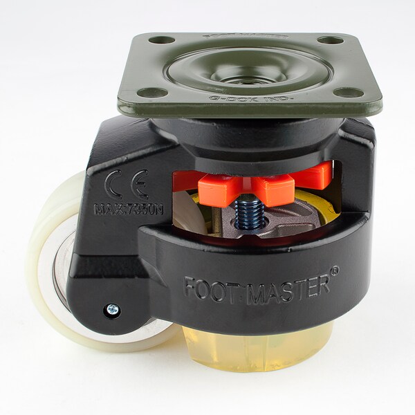 Leveling Caster, 75 mm Polyurethane Wheel, 95x95 mm Plate, Swivel, 800 kg Cap, PU Foot Pad, Black